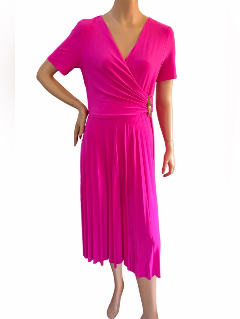 Joseph Ribkoff NWOT Fuchsia Pleated Midi Ruched Wrap Dress Made in Canada Sz 10 - Picture 3 of 15